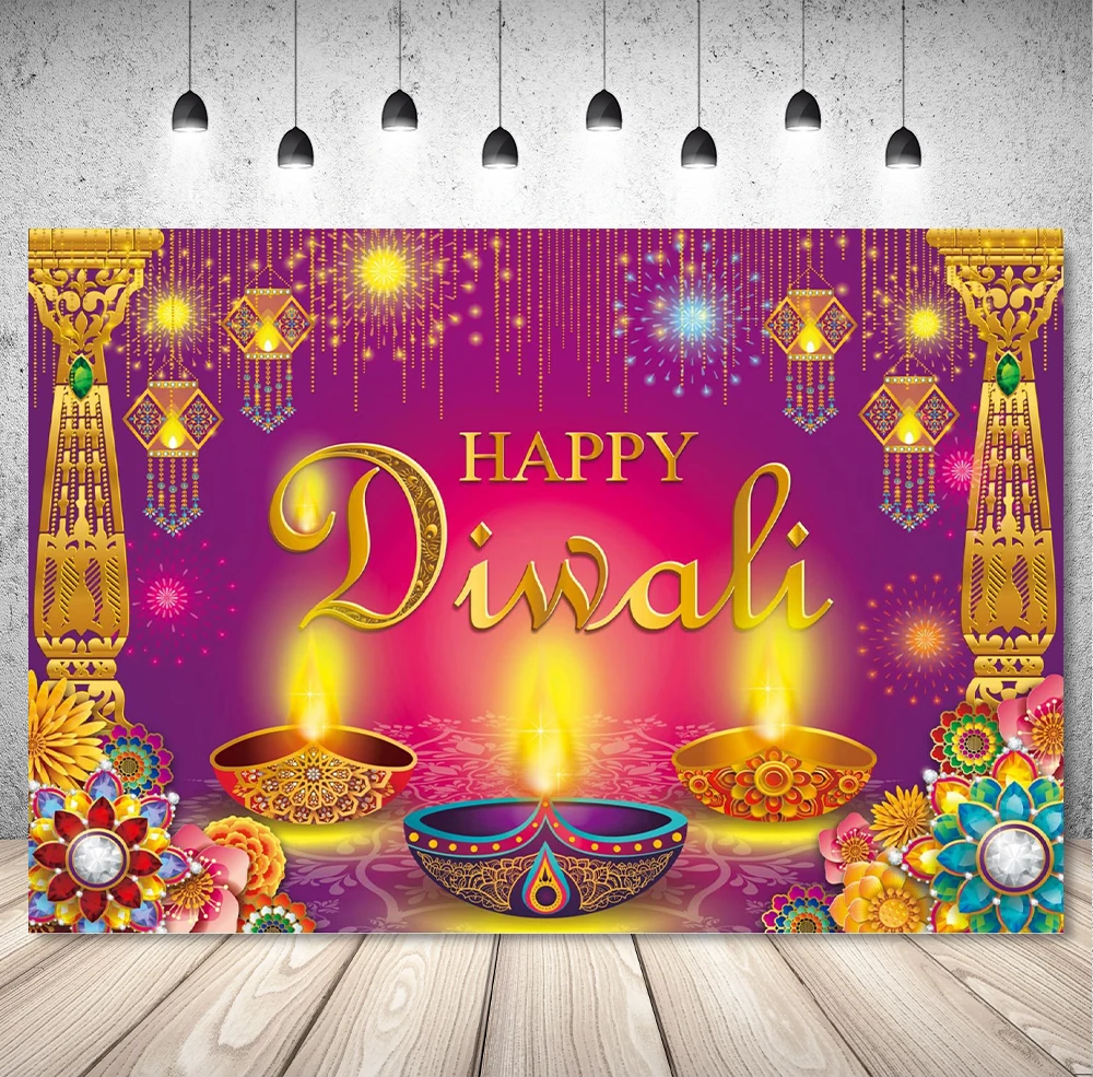 Happy Diwali Festival Background Photography Indian Traditional Deepavali Lights Diyas Candle Marigold Diwali Decor Banner Props