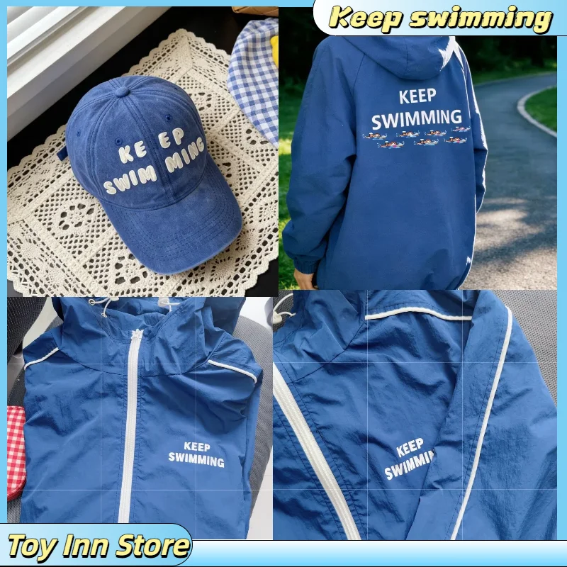 Chaqueta de Manga Larga con Gorra de BTS Keep Swimming Blue, Estilo Celebridad, Chaqueta Bordada, Colección para Fans, Regalo
