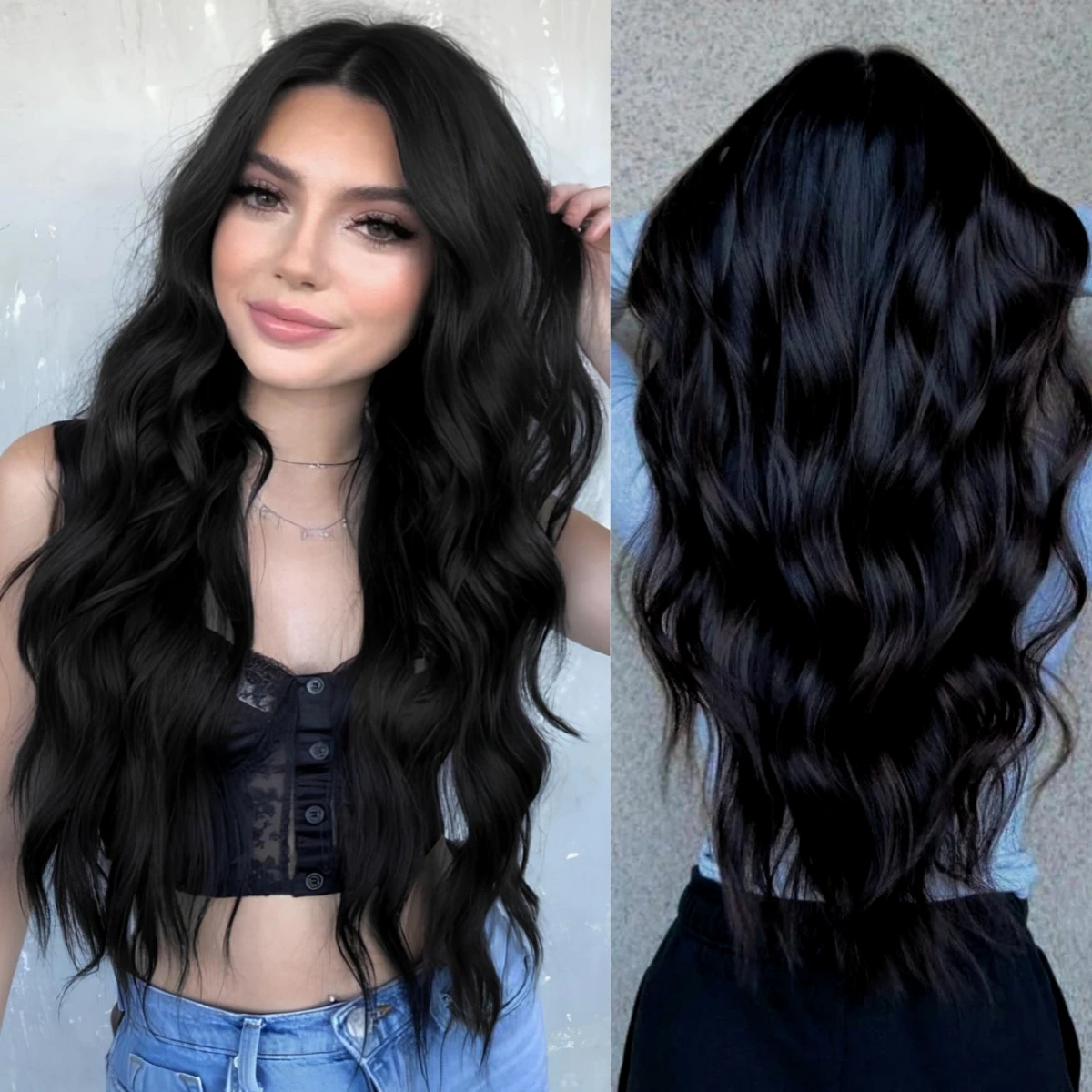 DWY Long Wavy Hairline Lace Synthetic Wigs Dark Black Natural Middle Part Wig For Women Daily Party Fake Hair Heat Resistant