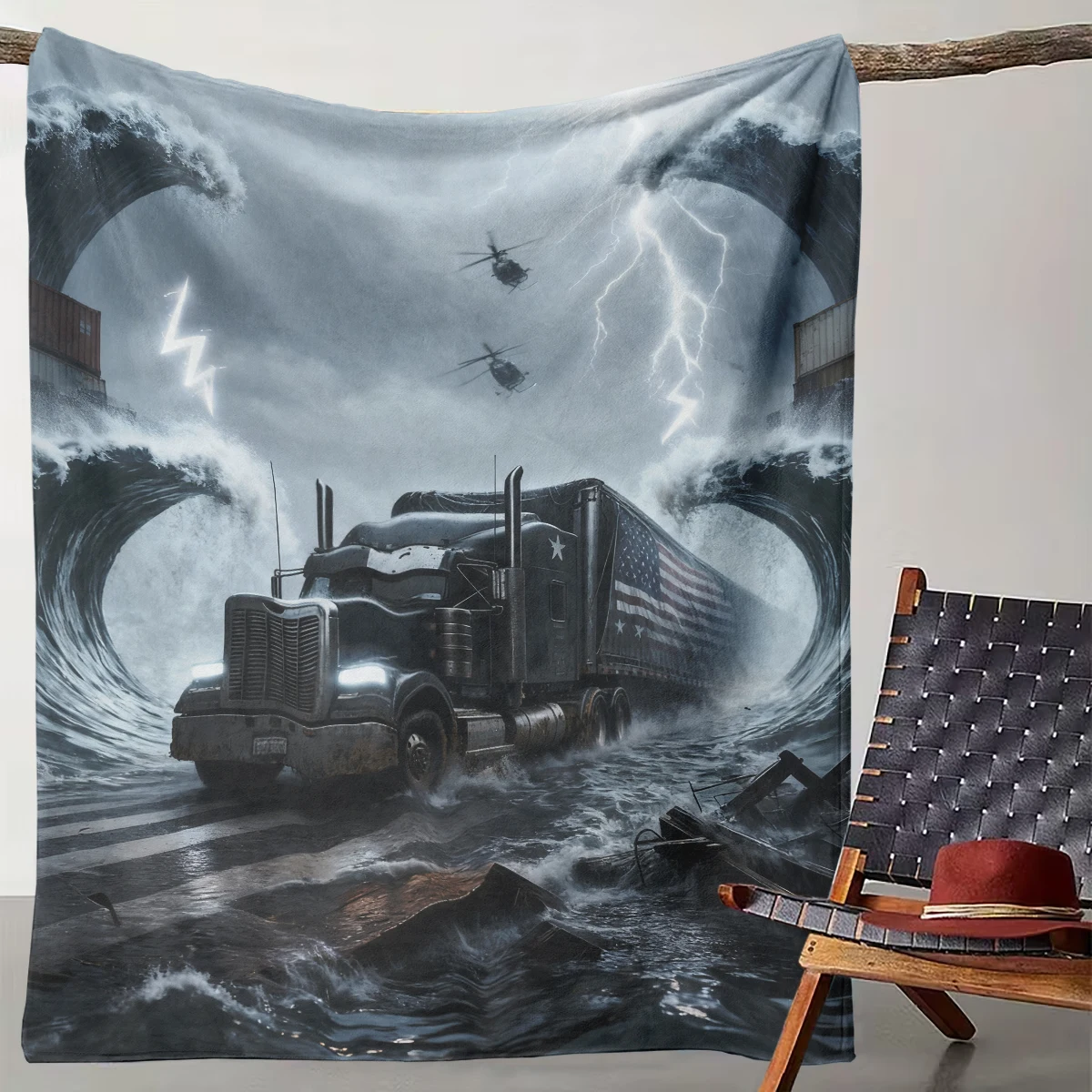

1 American Truck Giant Wave Disaster Wind Blanket, Shocking Lightning Storm Home Decoration Blanket