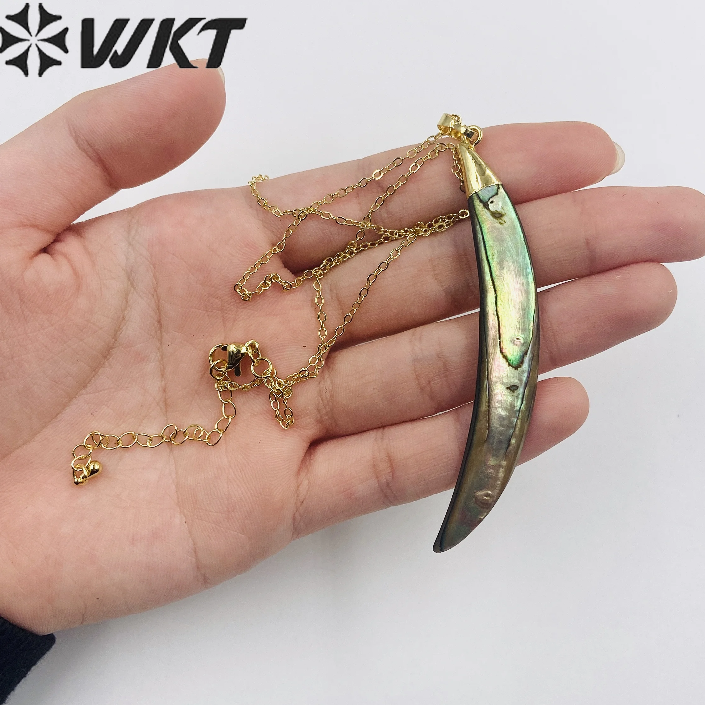 WT-N466 WKT Hot Sales 18k Real Gold Plated Single Loop Natural Abalone Shell Horn Shape Necklace 18Inch Chain Charming Jewelry