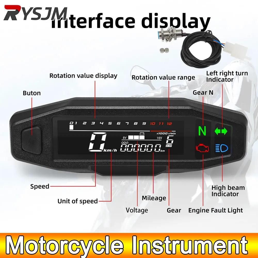 AD Universal Motorcycle Instrument Digital Speedometer Km/h Odometer Meter Tachometer 12000RPM Gear TRIP ODO Motorbike Voltage