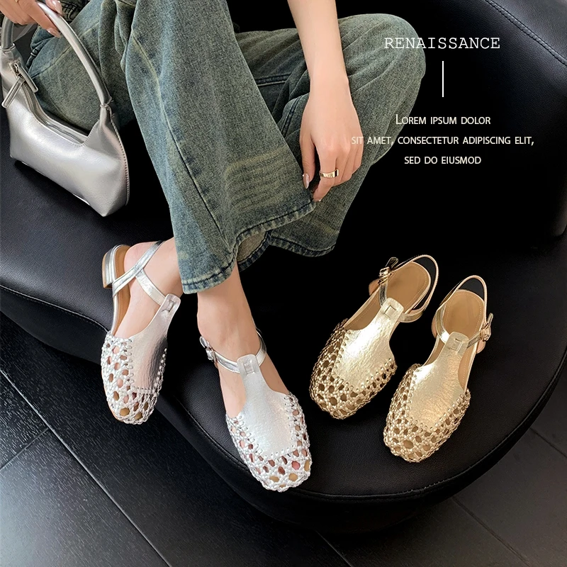 Women's New Summer Square Head Genuine Leather Cowhide Woven Hollow Out Comfortable and Breathable Low Heel Toe Muller Sandals