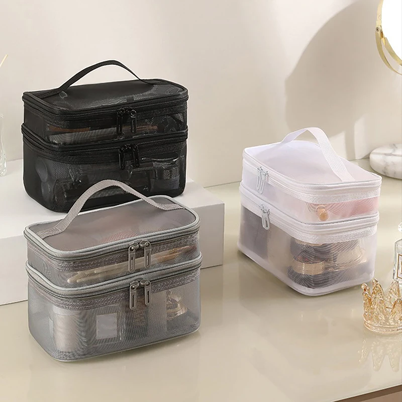 Travel Mesh Wash Storage Bag Makeup Organizer Cosmetics Make Up Skincare Box Plastic Container Handbag For Women Men Bathroom