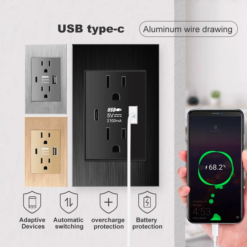 مقبس حائط بمنفذ USB مزدوج قياسي من النوع C من ELEGAN-الأمريكية ، جهاز منزلي ذكي ، محول قابس ، مفتاح مضمن ، 118x74mm