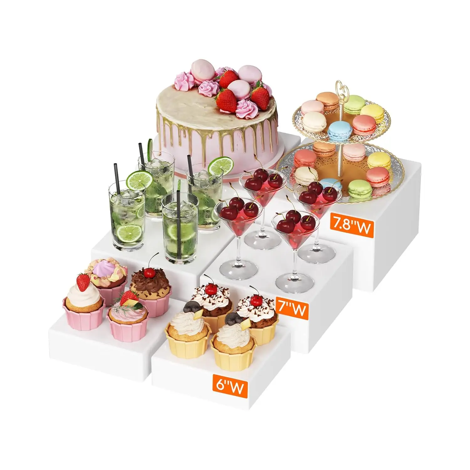 

Versatile Buffet Risers and Stands Set of 6, White Nesting Boxes for Food Display, Jewelry, and Collectibles