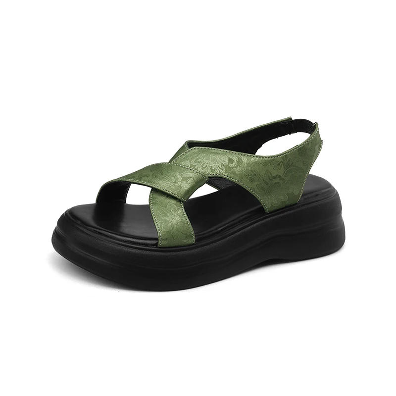 Summer casual round toe comfortable thick bottom printed one-piece buckle cross strap women's sandals