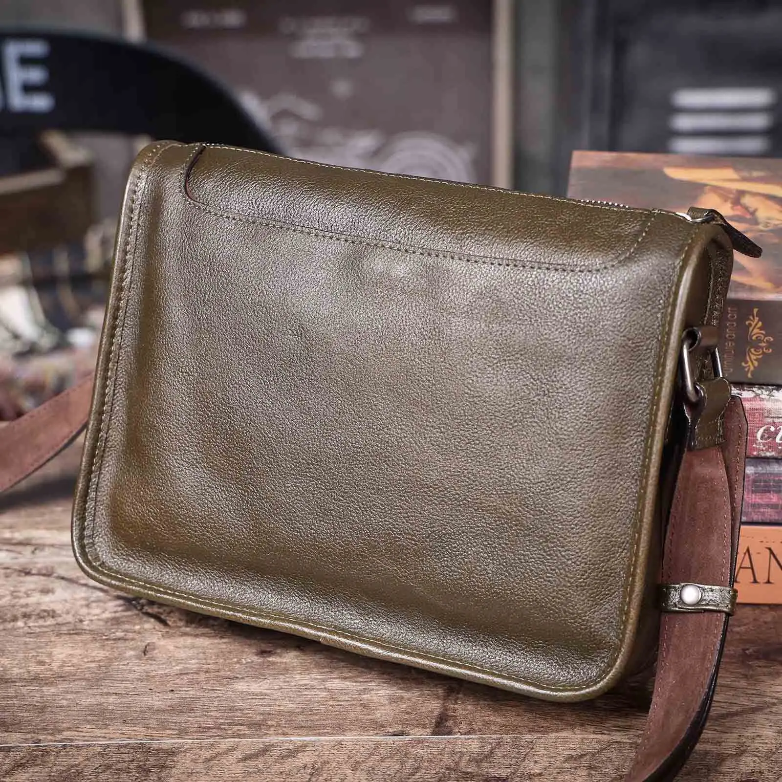 Echte Leder-Umhängetasche für Herren, Unisex, einfache Rindsledertasche, oberste Schicht pflanzlich gegerbtes Leder, modisch und lässig – Detail 21