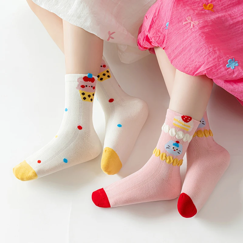 5 Pairs Cute Cartoon Kids Socks Summer Thin Mesh Breathable Pure Cotton Girls Mid-Toddler Big Kids Mid-Calf Socks
