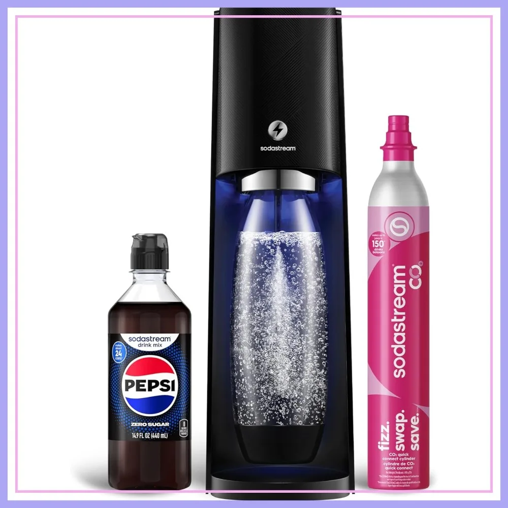 

Soda Maker Starter Kit with 3 Carbonation Levels, CO2 Cylinder, 32oz Bottle, Pepsi Zero Sugar Mix, Power Adapter