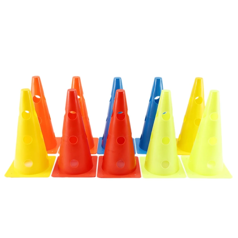 Top-12 Inch Color Perforated Plastic Cone 10 Pack Set - Football, Football, Basketball, Agile Drill Training Venue Mark With Sto