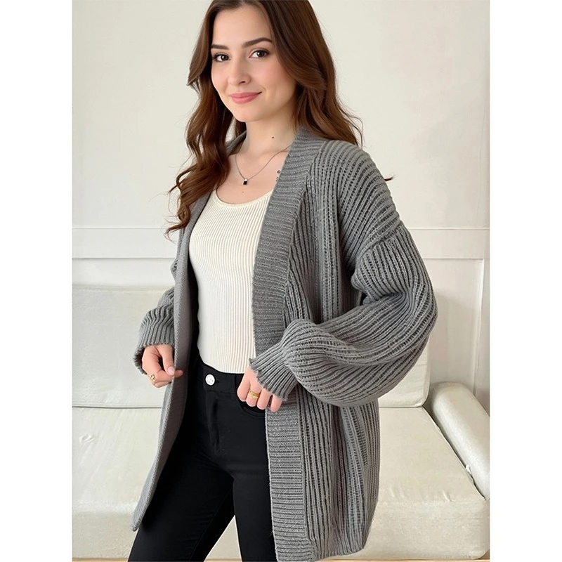 

Корейский осенне-зимний простой однотонный свободный повседневный свитер, куртка, универсальный вязаный кардиган средней длины, элегантные офисные женские топы