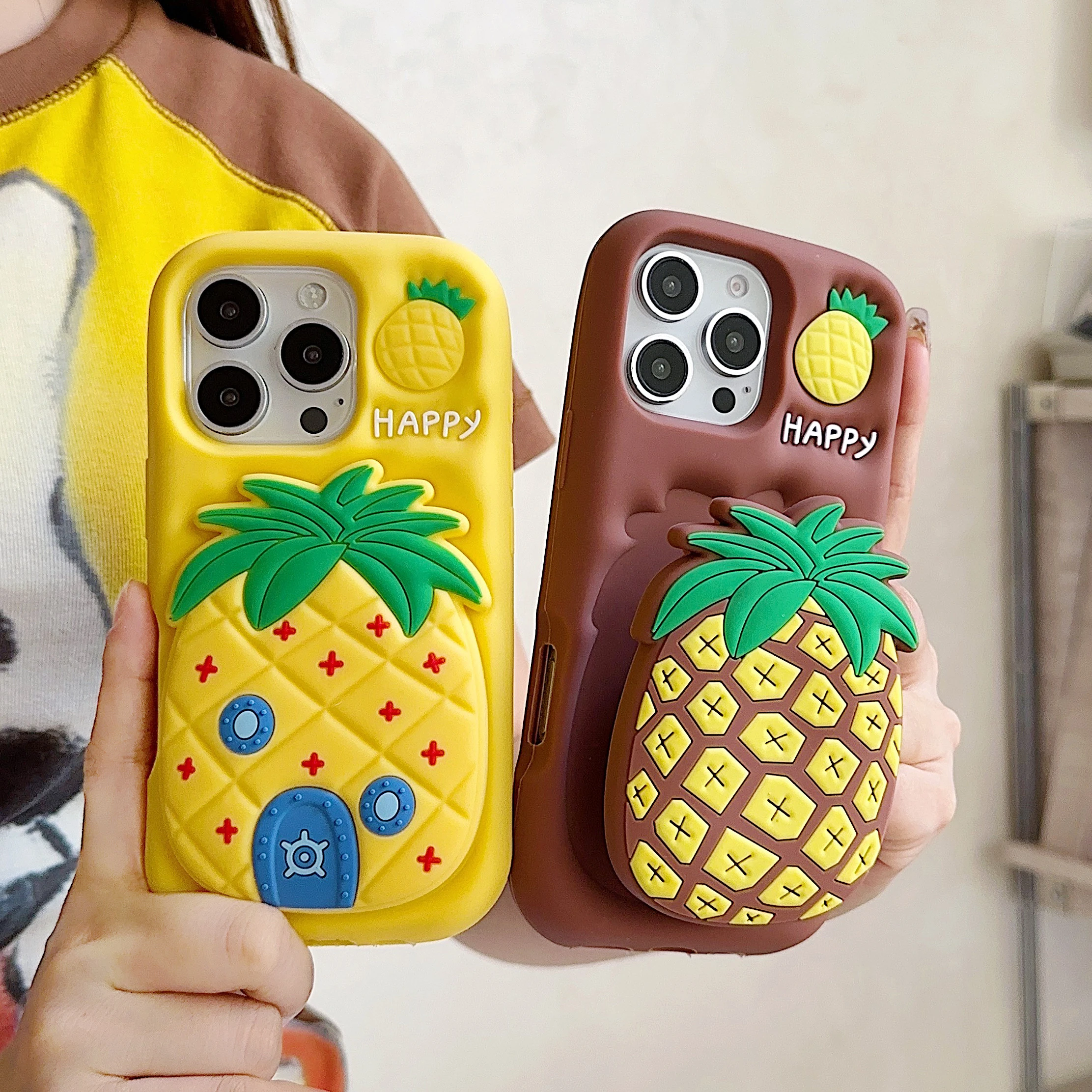 

3D Cute Pineapple Soft Silicone Phone Case with Telescopic Bracket For iPhone 12 13 14 15 16 17 promax, Stand Back Cover Shell