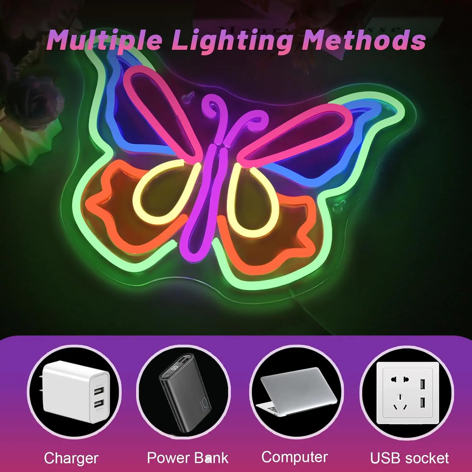 

Colorful Butterfly Neon Sign USB Dimmable Light Up Sign Wall Art Decor for Girls Bedroom Bar Wedding Birthday Party Holiday