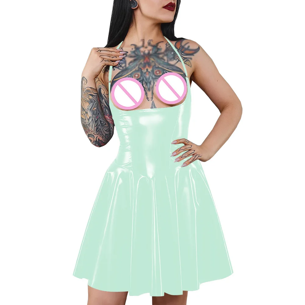 プラスサイズのセクシーなホルターストラップアンダーバストドレス光沢のあるノースリーブ A ライン PVC レザーミニドレスレディース絶賛パーティー背中の開いたドレス