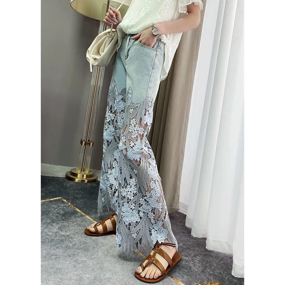 2023 sommer Neue Vintage Blume Höhlte-out Jeans Kühlen Hosen frauen Hosen Lose Straße Casual Hosen