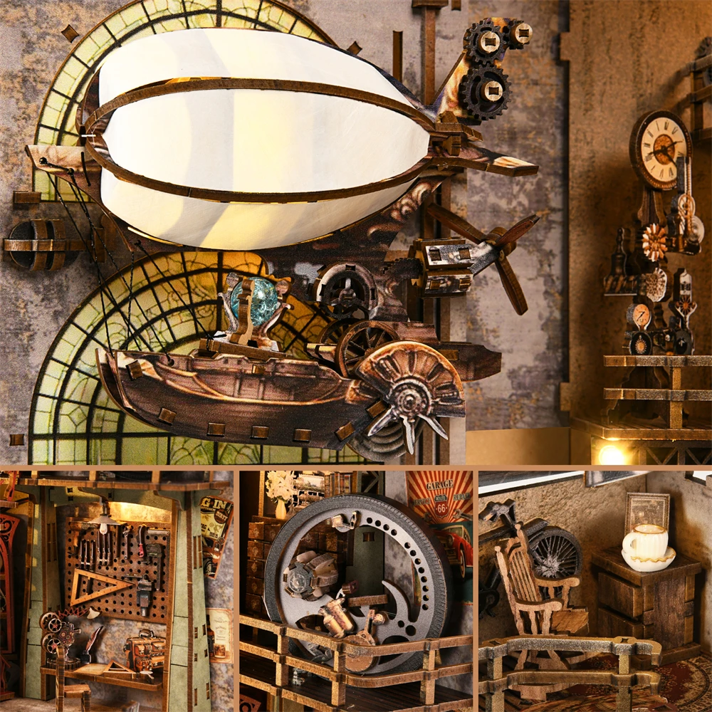 Book Nook Kit Airship Model 3D Wooden Puzzle DIY Home Decoration For Bookshelf Miniature Insert Magic Book House Stand Bookshelf