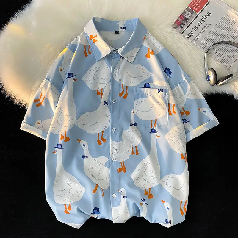 

Goose Full Print Summer Button Up Shirt Women Men Short Sleeve Shirts Hong Kong Style Loose Ins Summer 2023 Hawaiian Beach Shirt