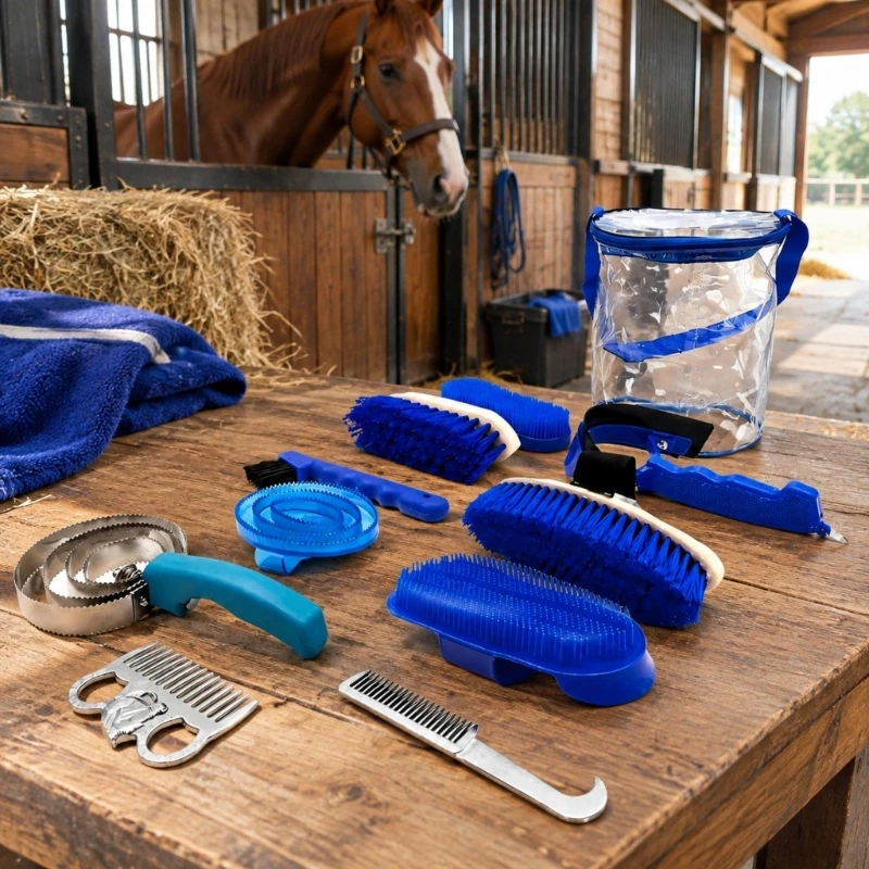 Q84C 9-Piece Horse Care Set with Brushes, Hair Tools, Bath Accessories, Foot Pick, and a Foldable Transparent Bag with Zipper