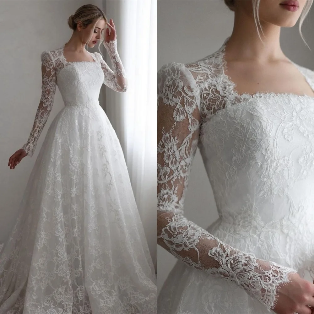 

Customized Exquisite White Tulle Bridal Gowns Elegant Square Collar Long Sleeves Wedding Dress Chapel Train Vestido De Novia