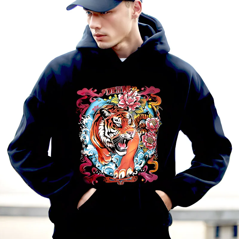 

Chun yu yin jia Fashion High Quality Street Designer classic Pattern 3D Printing Tiger Rose Black Hoodies for men Hoody