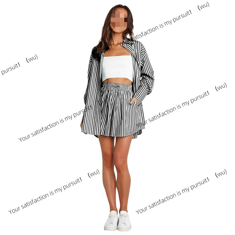 الأوروبية والأمريكية الربيع والصيف مزاجه ركاب عارضة دعوى، قميص الموضة مخطط قطعتين مجموعة