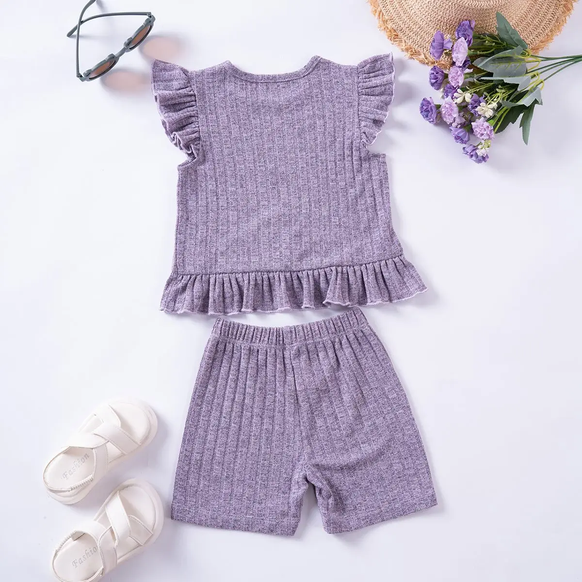 Girls' Knitted 2-Piece Fashion Set, Flutter Sleeve Ruffle Round Neck T-Shirt & Shorts Outfit, Soft & Comfortable, Casual & Versa