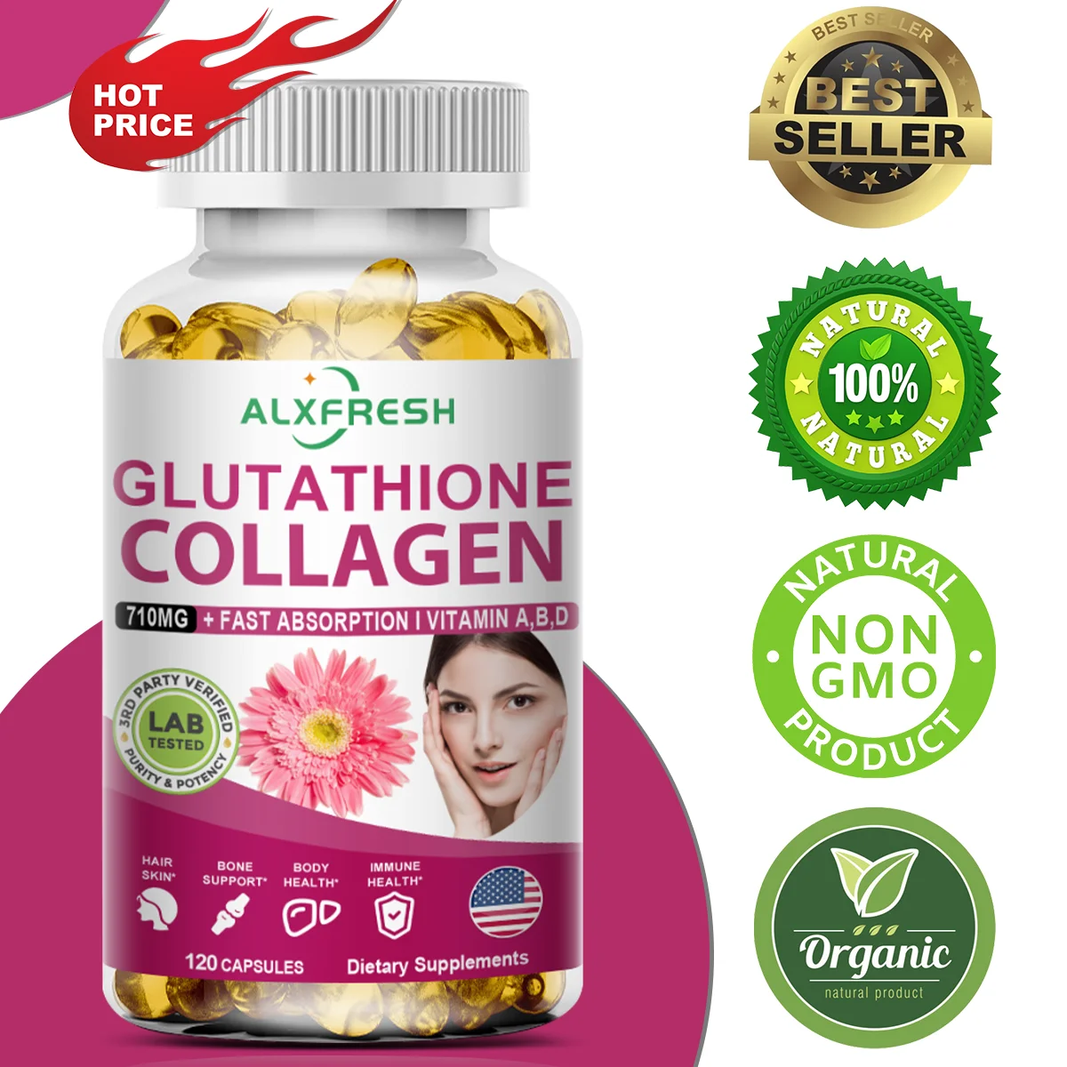 Multi Collagen & Glutathione Biotin Supplement for Skin , Hair, Bone Health Support with Vitamin A D B6 B12 Capsules