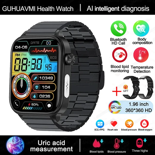 2025 Nieuwe AI Diagnose Bloedlipiden Urinezuur Lichaamssamenstelling Test Smart Horloge Voor Mannen ECG + PPG Bluetooth Oproep gezondheid Smartwatch
