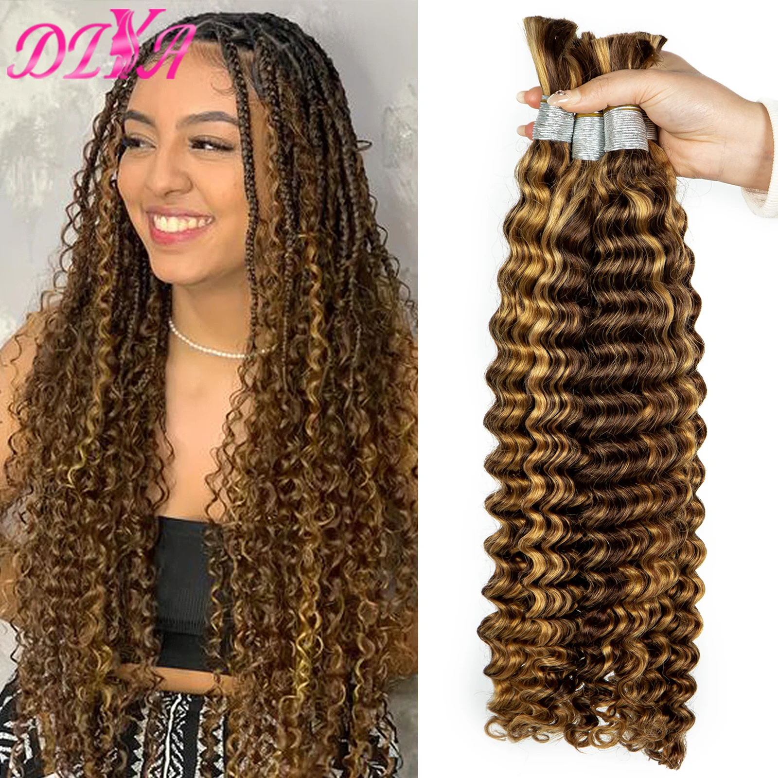 

P4/27 Highlight Human Braiding Hair Deep Wave Human Hair Bulk for Braids Hair No Weft Brazilian 10A Virgin Curly Hair Extensions