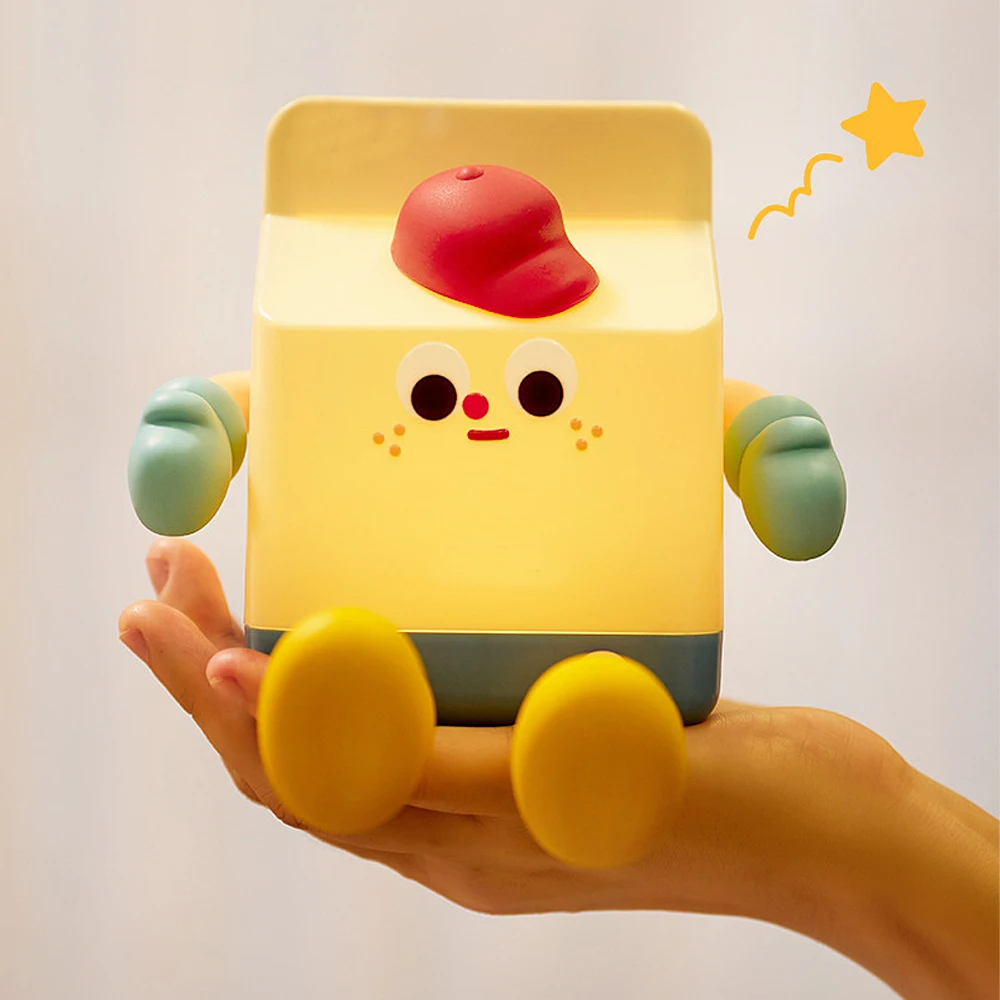 Luz de ambiente de cartón de leche de dibujos animados, luz de lectura LED, luz de noche para dormitorio infantil, Interruptor táctil, luz USB