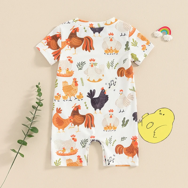 2024-03-04 Lioraitiin 0-12M Newborn Baby Boy Girls Farm Clothes Western Farm Animals Chicken Print Romper Jumpsuit