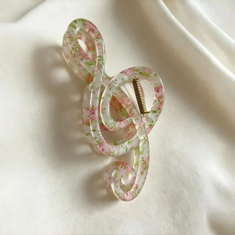 Spring Music Pink Floral Music Note Hair Clip Sweet French Style Large Shark Claw Disc Hair Accessories for Women Fashion