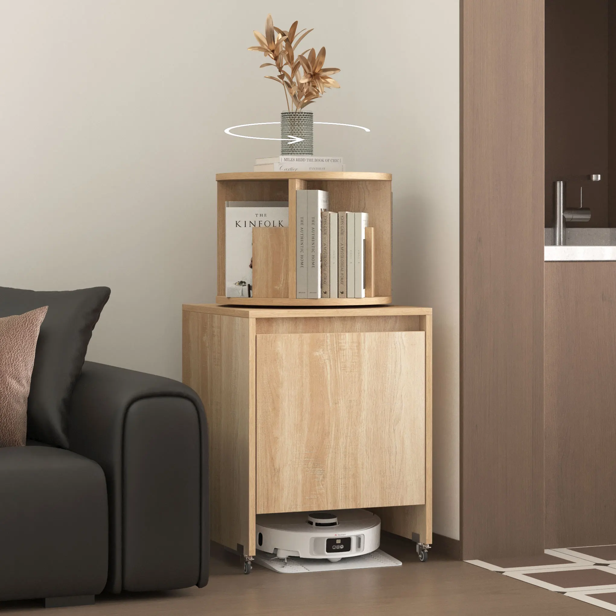 

Robot Vacuum Storage Cabinet & Solid Wood Wall Mounted Shelf Combo - Multi-functional Console Table for Living Room