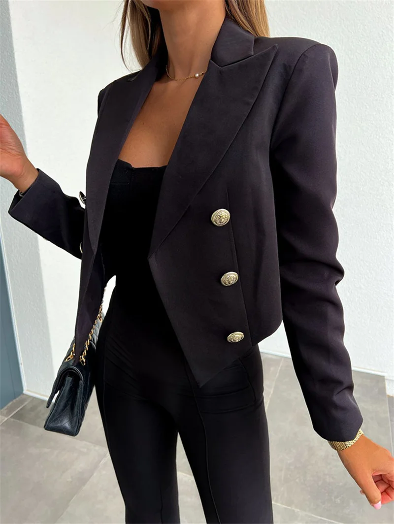 Solid Turn-Down Collar Blazers Women Fashion Slim Blazer Coat Office Lady Button Long Sleeved Casual Streetwear Autumn Winter