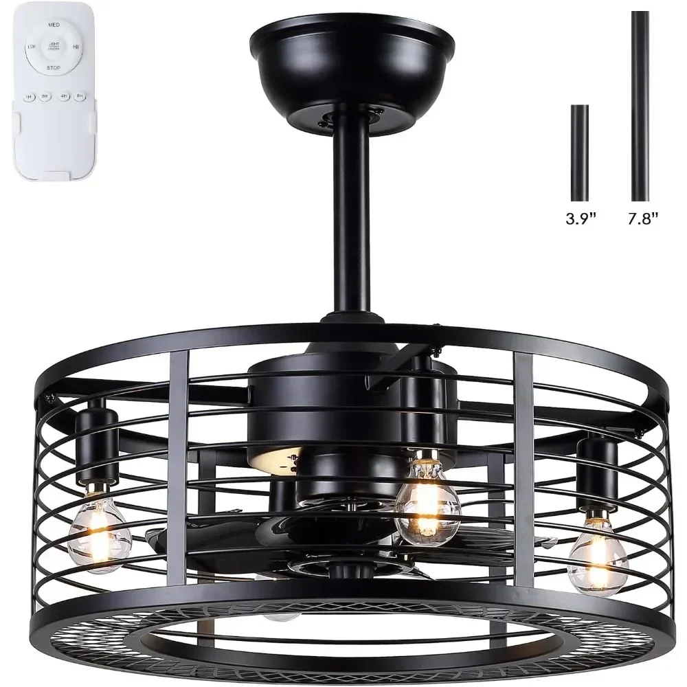 

%A Black Caged Ceiling Fans with Lights, Indoor Outdoor Fandeliers Ceiling Fan with Remote, Modern Industrial Small Enclosed