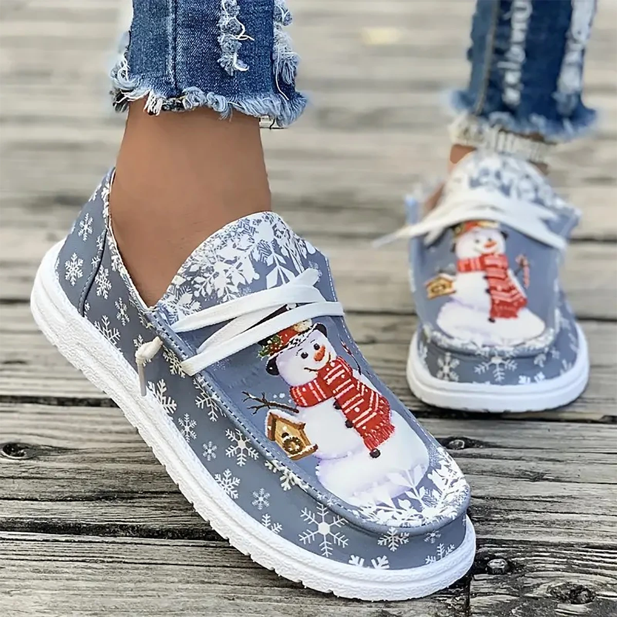 Women Casual Flats Spring Autumn Christmas Snowman Small Pattern Loafers Woman Comfortable Slip-On Outdoor Walking Shoes Women