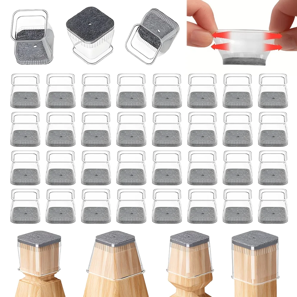 40 Square Solid Wood Chair Leg Protectors, With Transparent Silicone And Grey Felt Pads For Dual Protection