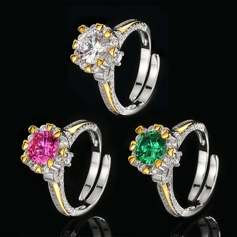 

Adjustable Ring 7mm Round Cut Emerald Pink White CZ Two Tone Gold Heart Promise Wedding Ring Set for Couple for Women Jewelry