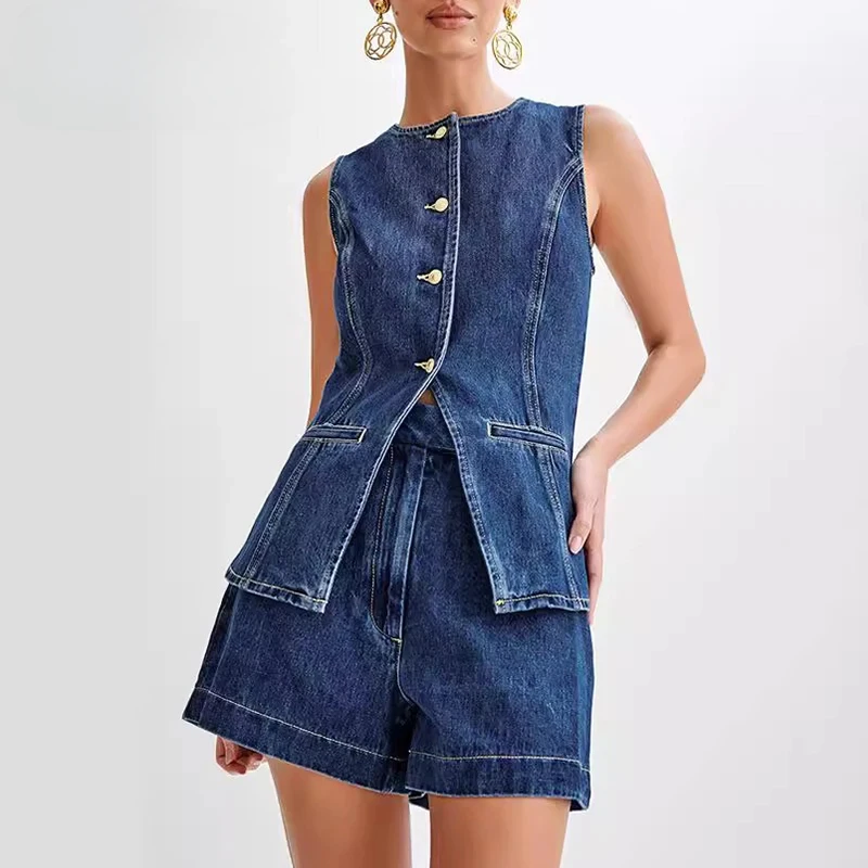 Abiti per donna set due pezzi O collo senza maniche denim 2 pezzi set 2024 summer outfit Office vacation TOP set di pantaloncini a vita alta