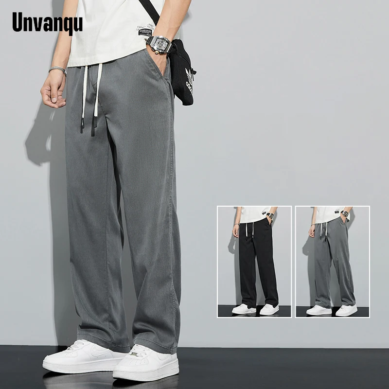 Unvanqu 2024 Spring Summer New Tencel Wide Leg Pants Men\'s Simple Versatile Casual Trousers Fashion Loose Straight Overalls Male