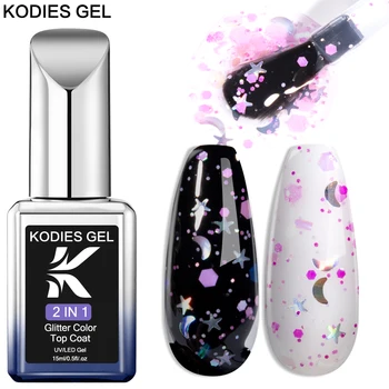 KODIES GEL Glitter Top Coat Gel Nail Polish 2 In 1 Semi Permanent UV Stars Moon Halo Top Coat No Wipe Manicure Nail Art Sealer