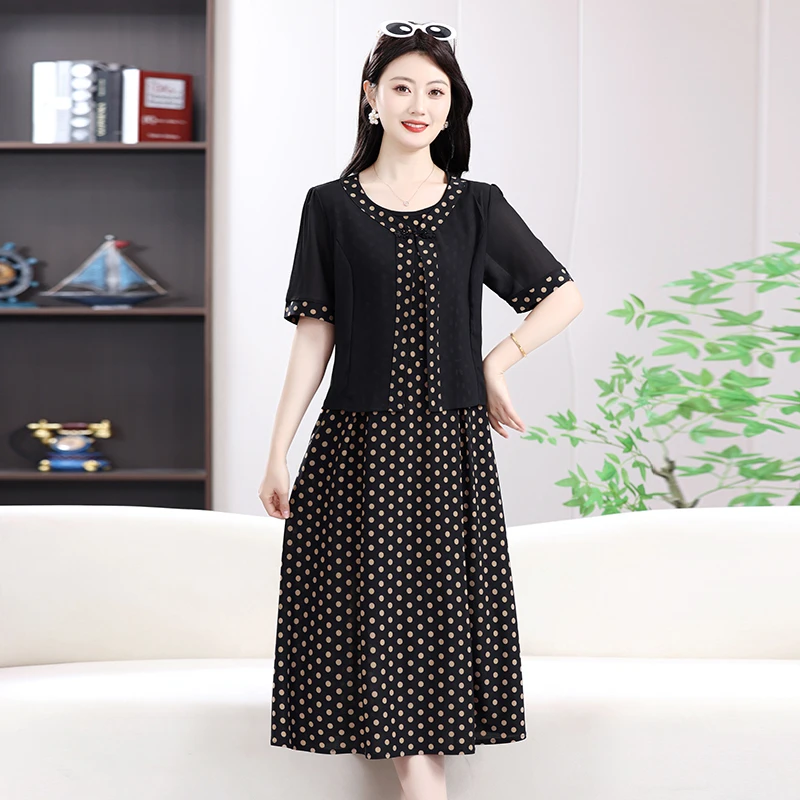 فستان نسائي متوسط الطول بطباعة نقطية على الموضة الكورية أنيق للنساء مكون من قطعتين بلوفر كاجوال