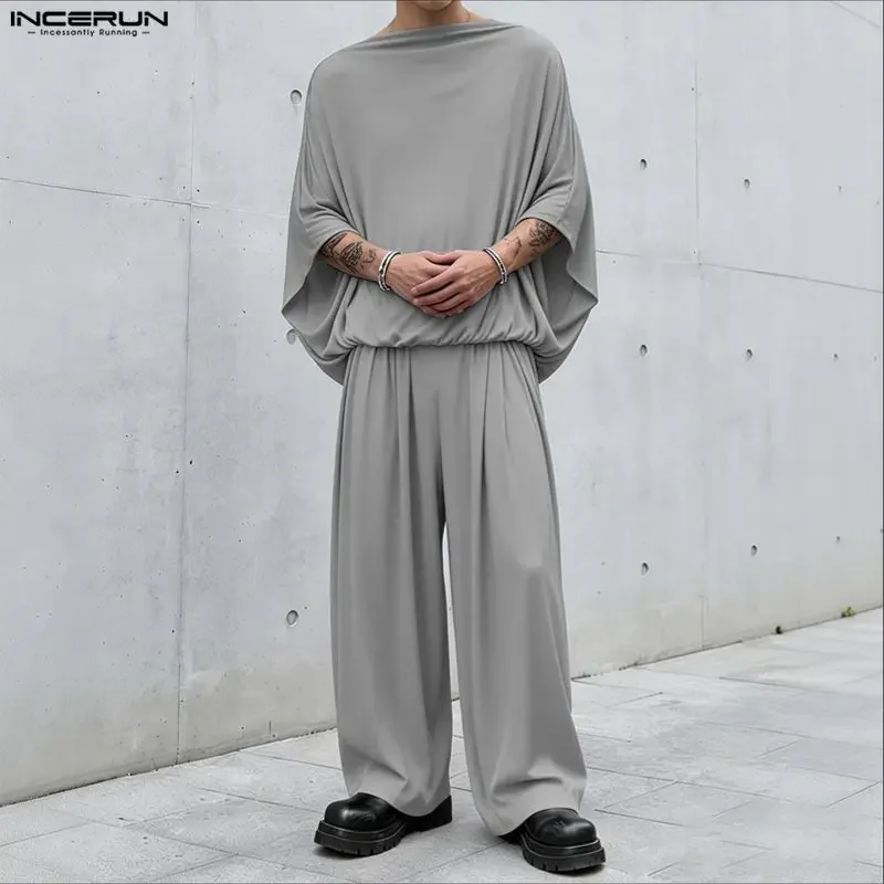Ensembles Homme INCERUN – T-shirt Col Bateau Tricoté Uni Manches 3/4 & Pantalon – Ensembles Deux Pièces Streetwear Tendance 2026 – Ensembles Assortis pour Hommes