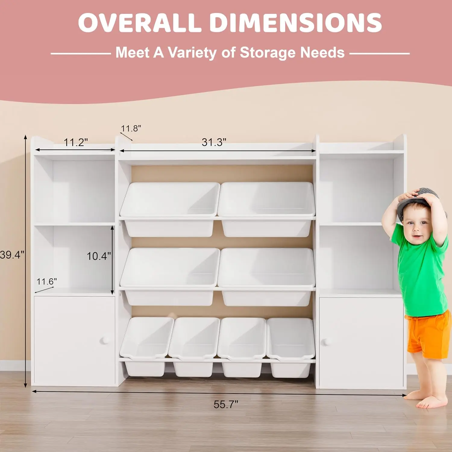 Kids Toy Storage Organizer W/8 Removable Toy Bins, 4-Tier Toy Organizers W/6 Storage Cubbies, Kids Bookshelf and Toy St