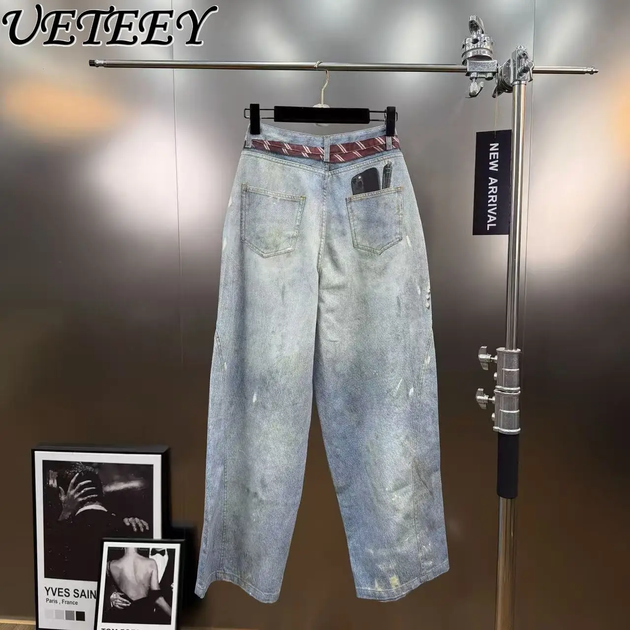 2026 ربيع متعدد الاستخدامات موضة ريترو طباعة عالية الخصر جينز فضفاض نمط الشارع غسلها خمر الحبر سبلاش واسعة الساق الدنيم السراويل #2