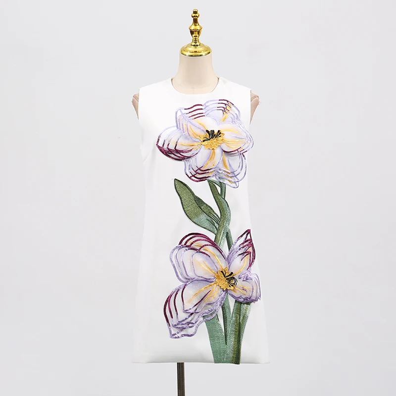 Kbq elegante emendado apliques vestido curto para mulheres em torno do pescoço sem mangas temperamento vestidos retos moda feminina novo verão
