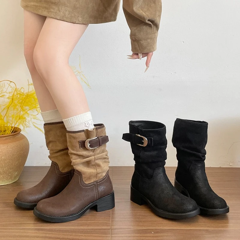 Botas Vaqueras Vintage para Mujer, Botines Cortos de Tacón Grueso con Hebilla y Diseño de Cuero Serraje Empalmado, Moda Otoño