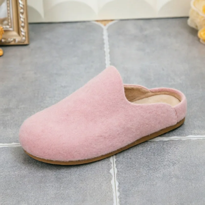 Mules de fieltro para mujer, pantuflas de punta cerrada, zapatos planos de punta redonda, suaves y cómodos para el hogar, casuales, cálidos para otoño e invierno, color rosa.