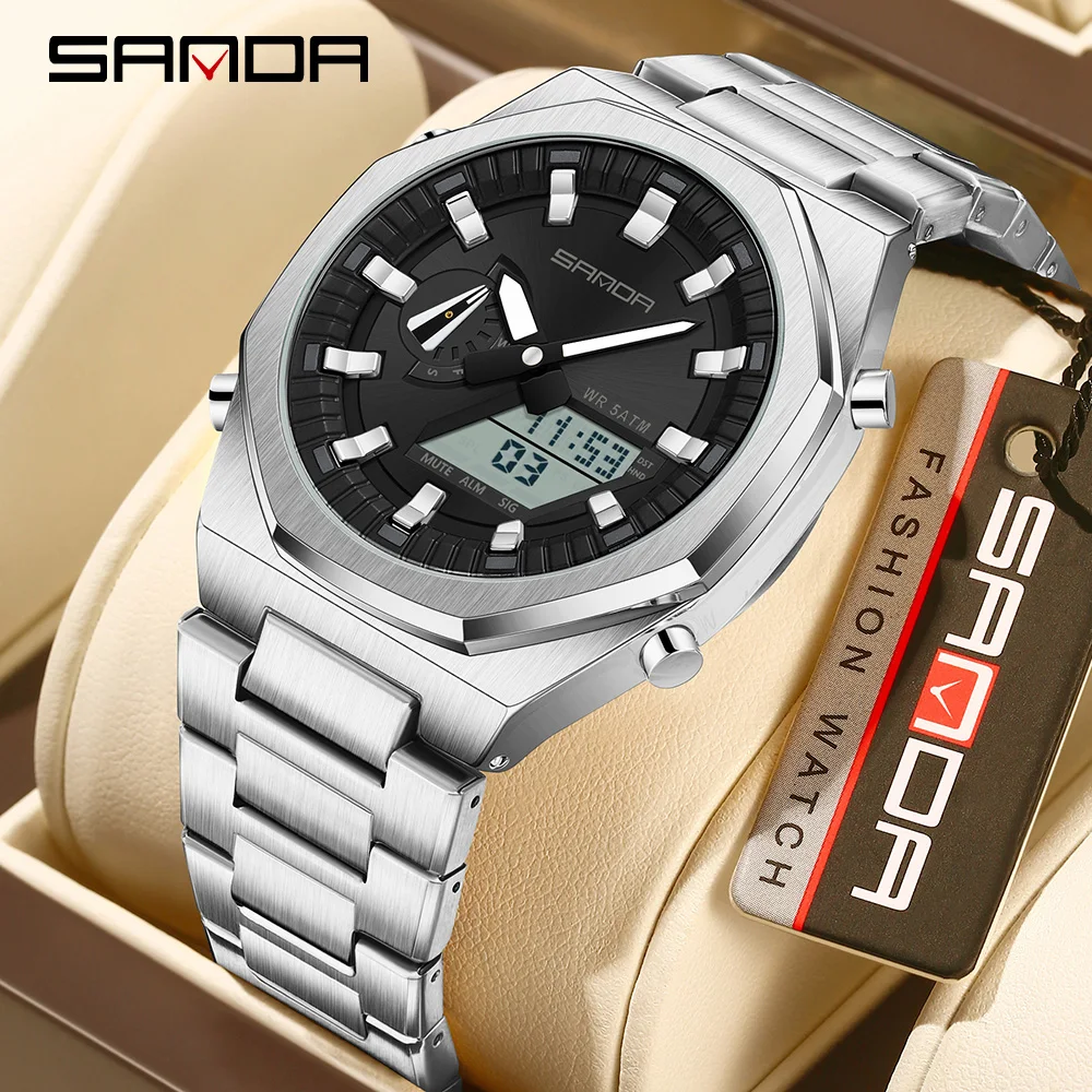 SANDA New 3376 Sport Multifunctional Waterproof LED Dual Display Men's Watch Fashion Men's Electronic Watch 2025